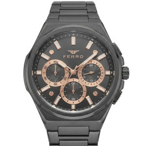 Ferro Men's Gunmetal Stainless Steel Multifunction Analog Watch with Black Dial & Rose Gold Accents MS Department Store Oman