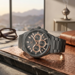 Ferro Men's Gunmetal Stainless Steel Multifunction Analog Watch with Black Dial & Rose Gold Accents MS Department Store Oman