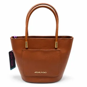 ANGEL POLO Cognac Brown Leatherette Bucket Tote Bag with Front Pocket