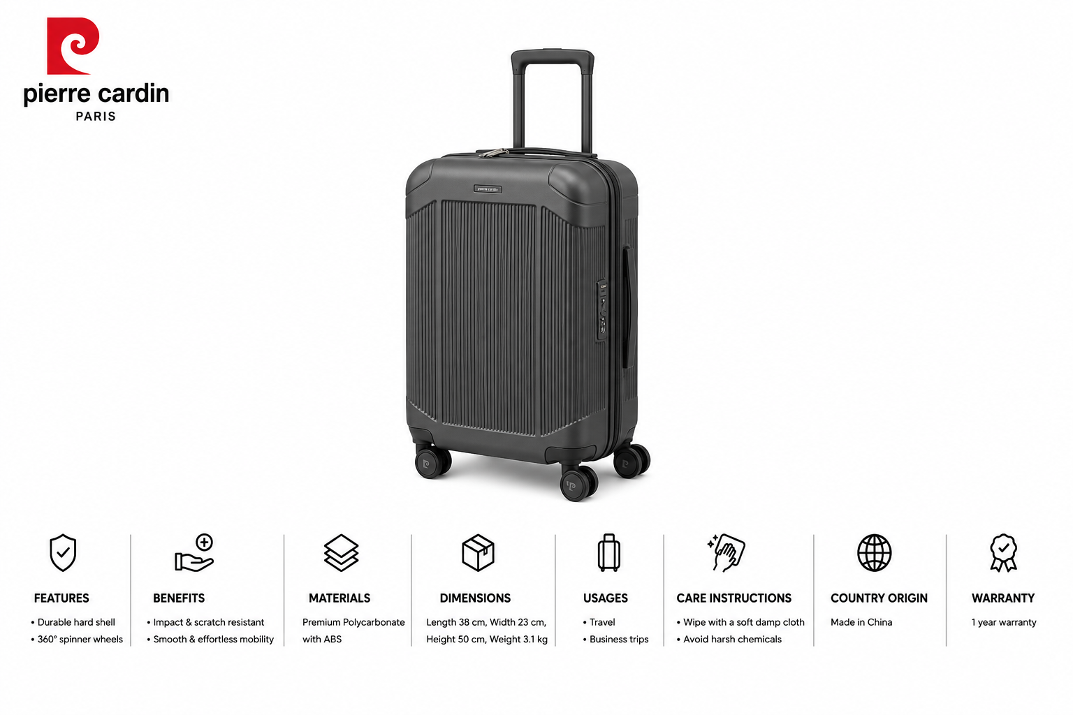 Pierre Cardin Venice Pc Trolley S 20" D Grey MS Department Store Oman