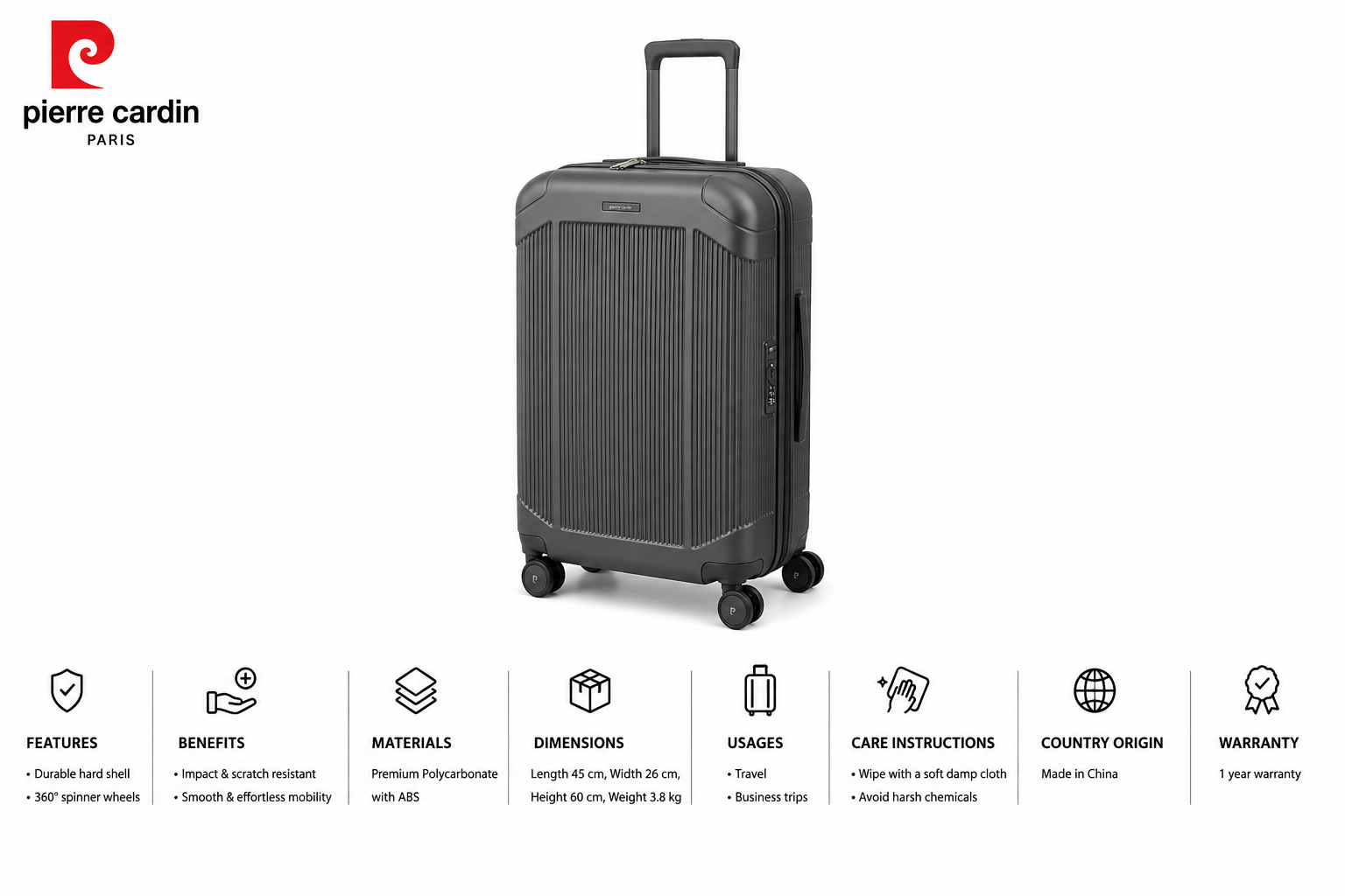 Pierre Cardin Venice Pc Trolley S 24" D Grey MS Department Store Oman