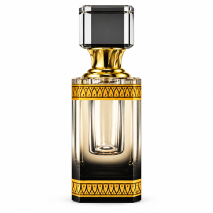 Crystal Bottle Smoky Grey Crystal Perfume Bottle with Gold Geometric Design & Black Square Cap