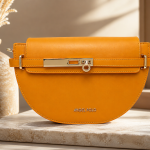 ANGEL POLO Mustard Yellow Half-Moon Crossbody Bag with Gold Bar Lock