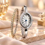 Ceshdun Women’s Silver-Tone Oval Watch with Gold-Tone Stone-Set Bracelet