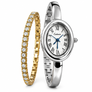 Ceshdun Women’s Silver-Tone Oval Watch with Gold-Tone Stone-Set Bracelet MS Department Store Oman