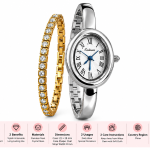 Ceshdun Women’s Silver-Tone Oval Watch with Gold-Tone Stone-Set Bracelet