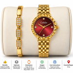 Ceshdun Women's Brown Dial Gold-Tone Watch with Stone-Studded Bracelet Gift Set