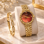 Ceshdun Women's Brown Dial Gold-Tone Watch with Stone-Studded Bracelet Gift Set