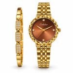 Ceshdun Women's Brown Dial Gold-Tone Watch with Stone-Studded Bracelet Gift Set