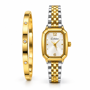 Ceshdun Women’s White Dial Gold & Silver Two-Tone Watch with Gold Bracelet Set