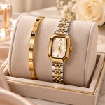 Ceshdun Women’s White Dial Gold & Silver Two-Tone Watch with Gold Bracelet Set