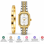 Ceshdun Women’s White Dial Gold & Silver Two-Tone Watch with Gold Bracelet Set