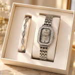 Ceshdun Women’s Silver-Tone Stone-Set Rectangular Watch and Twist Bangle Set