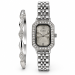 Ceshdun Women’s Silver-Tone Stone-Set Rectangular Watch and Twist Bangle Set