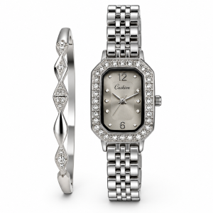 Ceshdun Women’s Silver-Tone Stone-Set Rectangular Watch and Twist Bangle Set MS Department Store Oman