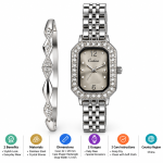 Ceshdun Women’s Silver-Tone Stone-Set Rectangular Watch and Twist Bangle Set