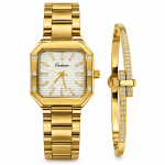 Ceshdun Women’s Gold-Tone Rectangular Watch and Stone-Set Bangle Set