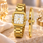 Ceshdun Women’s Gold-Tone Rectangular Watch and Stone-Set Bangle Set