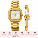 Ceshdun Women’s Gold-Tone Rectangular Watch and Stone-Set Bangle Set