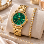Ceshdun Women’s Green Dial Gold-Tone Crystal Bezel Analog Watch with Matching Bracelet Set