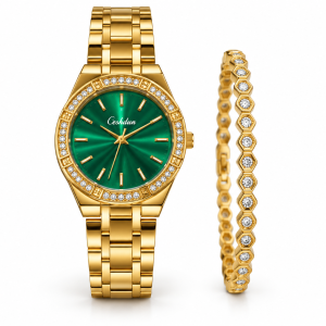 Ceshdun Women’s Green Dial Gold-Tone Crystal Bezel Analog Watch with Matching Bracelet Set
