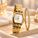 Ceshdun Women’s Gold-Tone Tonneau Watch and Stone-Set Bracelet Set