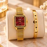 Ceshdun Women’s Gold-Tone Rectangular Red-Dial Watch and Stone-Set Bracelet Gift Set