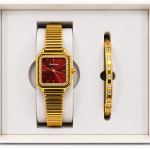 Ceshdun Women’s Gold-Tone Rectangular Red-Dial Watch and Stone-Set Bracelet Gift Set