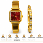 Ceshdun Women’s Gold-Tone Rectangular Red-Dial Watch and Stone-Set Bracelet Gift Set