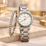 Ceshdun Women’s Silver-Tone Round Watch and Stone-Set Bracelet Set