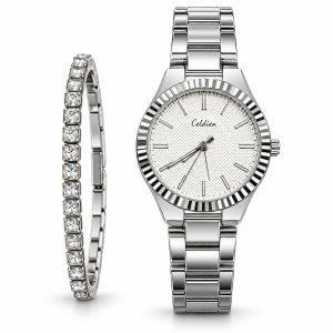 Ceshdun Women’s Silver-Tone Round Watch and Stone-Set Bracelet Set MS Department Store Oman