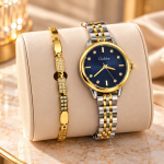 Ceshdun Women’s Two-Tone Blue-Dial Watch and Gold-Tone Stone-Set Bracelet Gift Set