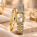 Ceshdun Women’s Two-Tone Rectangular Watch and Gold-Tone Roman Numeral Bangle Set