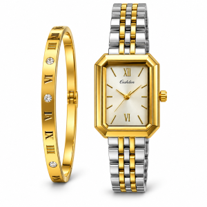 Ceshdun Women’s Two-Tone Rectangular Watch and Gold-Tone Roman Numeral Bangle Set MS Department Store Oman