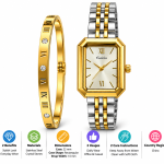 Ceshdun Women’s Two-Tone Rectangular Watch and Gold-Tone Roman Numeral Bangle Set