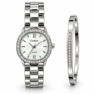 Ceshdun Women’s Silver-Tone Stone-Set Quartz Watch and Bangle Set MS Department Store Oman