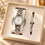 Ceshdun Women’s Silver-Tone Stone-Set Quartz Watch and Bangle Set