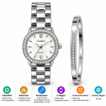 Ceshdun Women’s Silver-Tone Stone-Set Quartz Watch and Bangle Set