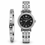 Ceshdun Women’s Silver-Tone Black-Dial Watch and Roman Numeral Bangle Set