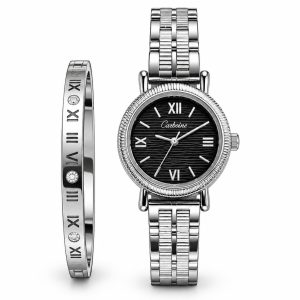 Ceshdun Women’s Silver-Tone Black-Dial Watch and Roman Numeral Bangle Set MS Department Store Oman