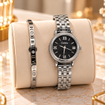 Ceshdun Women’s Silver-Tone Black-Dial Watch and Roman Numeral Bangle Set