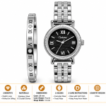 Ceshdun Women’s Silver-Tone Black-Dial Watch and Roman Numeral Bangle Set