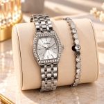 Ceshdun Women’s Silver-Tone Stone-Set Tonneau Watch and Bracelet Gift Set
