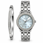 Ceshdun Women’s Silver-Tone Blue-Dial Stone-Set Quartz Watch and Bangle Set