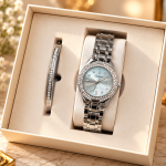 Ceshdun Women’s Silver-Tone Blue-Dial Stone-Set Quartz Watch and Bangle Set