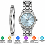 Ceshdun Women’s Silver-Tone Blue-Dial Stone-Set Quartz Watch and Bangle Set