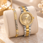 Ceshdun Women’s Two-Tone Stone-Set Round Watch and Gold-Tone Bracelet Gift Set