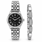 Ceshdun Women’s Black Dial Silver-Tone Watch with Silver Crystal Bracelet Set