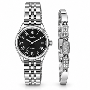 Ceshdun Women’s Black Dial Silver-Tone Watch with Silver Crystal Bracelet Set