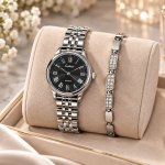 Ceshdun Women’s Black Dial Silver-Tone Watch with Silver Crystal Bracelet Set
